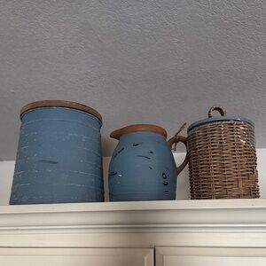Wicker and Blue Ceramic Containers Set of 3